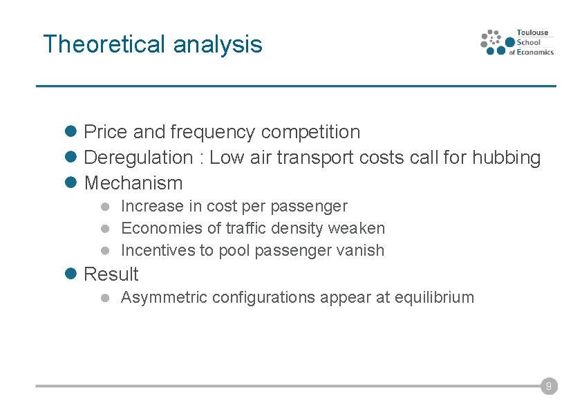 Theoretical analysis Price and frequency competition Deregulation : Low air transport costs call for