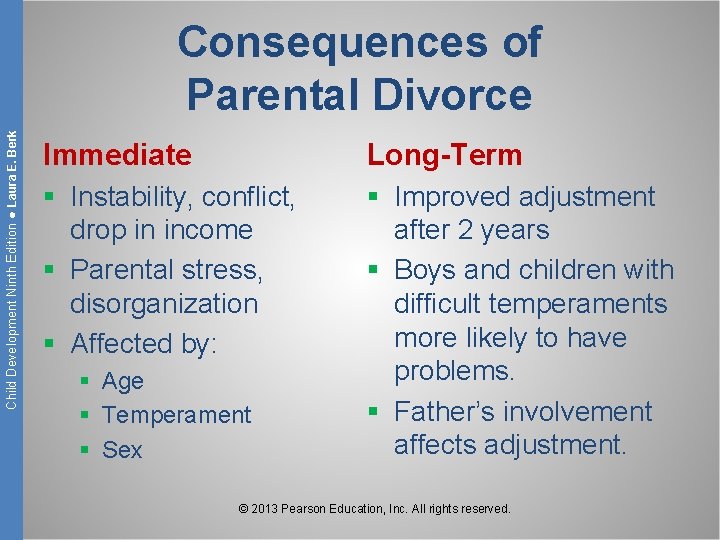 Child Development Ninth Edition ● Laura E. Berk Consequences of Parental Divorce Immediate Long-Term