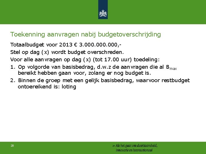 Toekenning aanvragen nabij budgetoverschrijding Totaalbudget voor 2013 € 3. 000, Stel op dag (x)