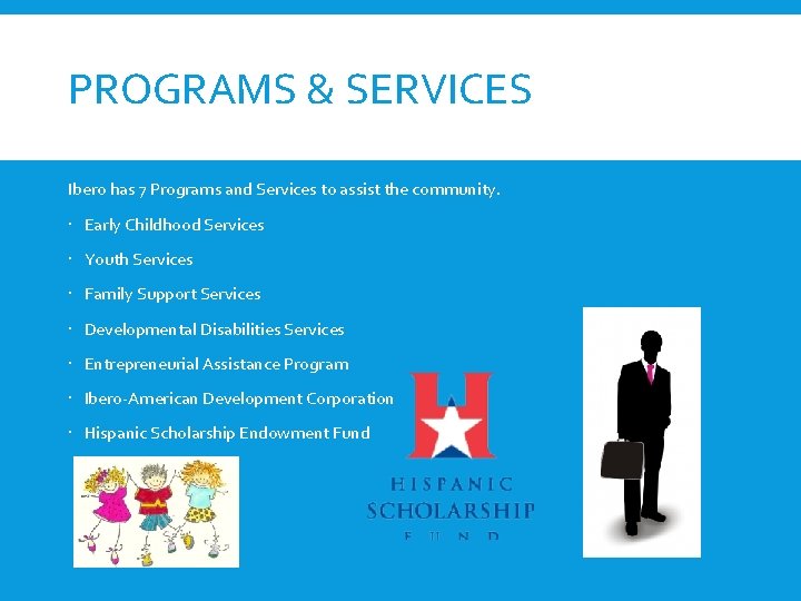 PROGRAMS & SERVICES Ibero has 7 Programs and Services to assist the community. Early