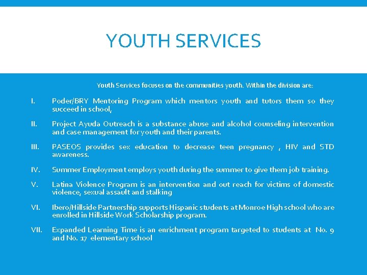 YOUTH SERVICES Youth Services focuses on the communities youth. Within the division are: I.