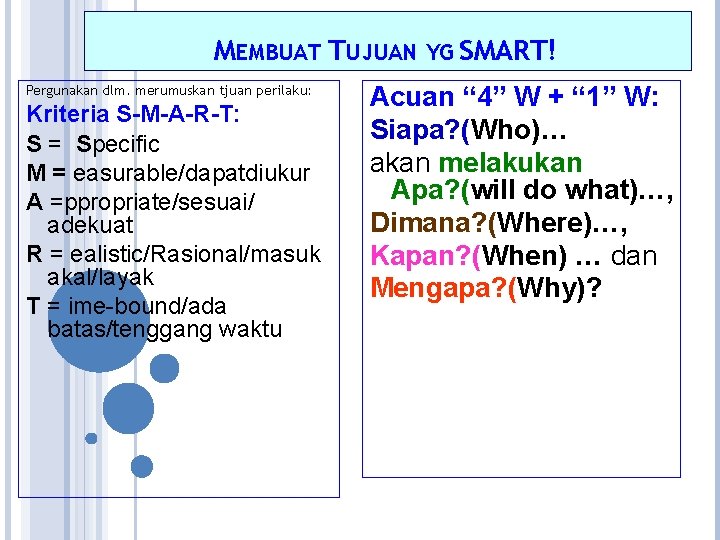 MEMBUAT TUJUAN YG SMART! Pergunakan dlm. merumuskan tjuan perilaku: Kriteria S-M-A-R-T: S = Specific