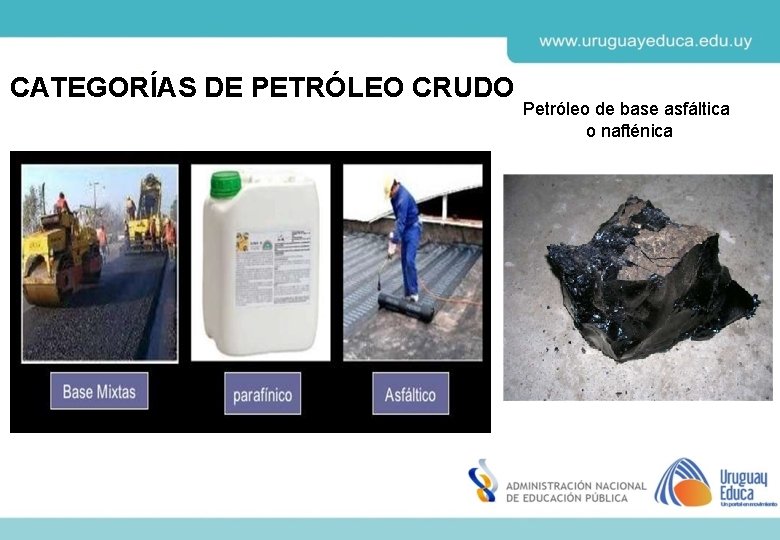 CATEGORÍAS DE PETRÓLEO CRUDO Petróleo de base asfáltica o nafténica 