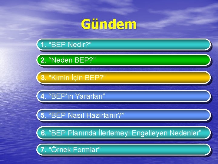 Gündem 1. “BEP Nedir? ” 2. “Neden BEP? ” 3. “Kimin İçin BEP? ”