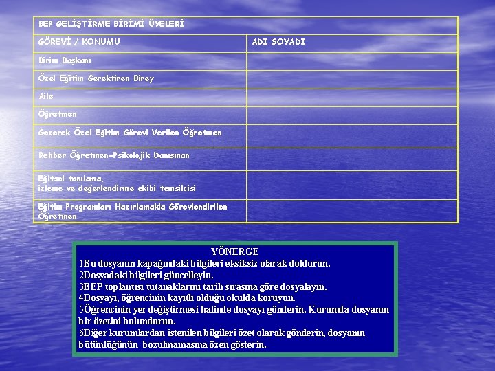 BEP GELİŞTİRME BİRİMİ ÜYELERİ GÖREVİ / KONUMU ADI SOYADI Birim Başkanı Özel Eğitim Gerektiren