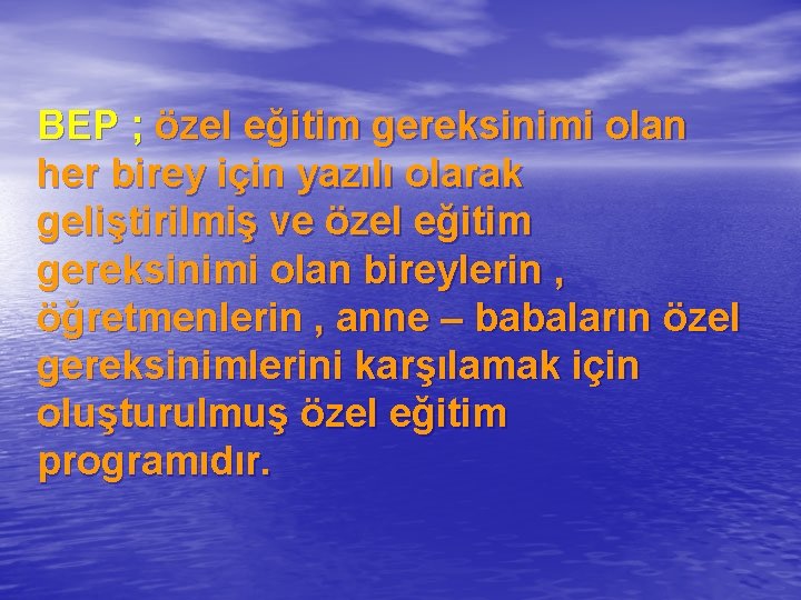 BEP ; özel eğitim gereksinimi olan her birey için yazılı olarak geliştirilmiş ve özel