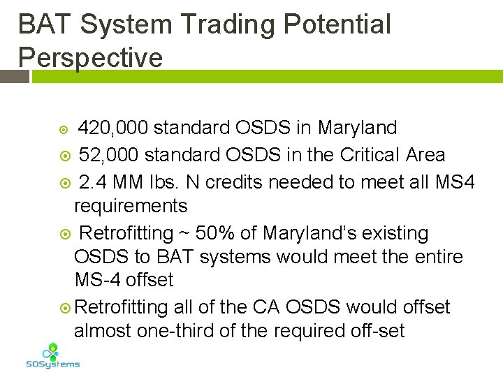 BAT System Trading Potential Perspective 420, 000 standard OSDS in Maryland 52, 000 standard
