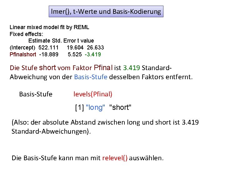 lmer(), t-Werte und Basis-Kodierung Linear mixed model fit by REML Fixed effects: Estimate Std.