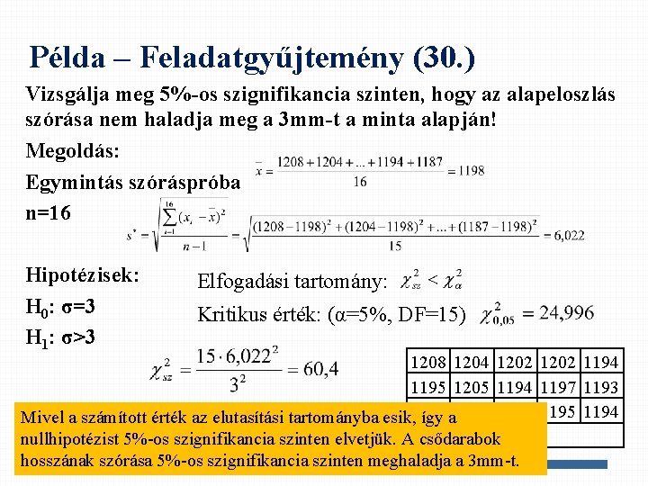 Példa – Feladatgyűjtemény (30. ) Vizsgálja meg 5%-os szignifikancia szinten, hogy az alapeloszlás szórása