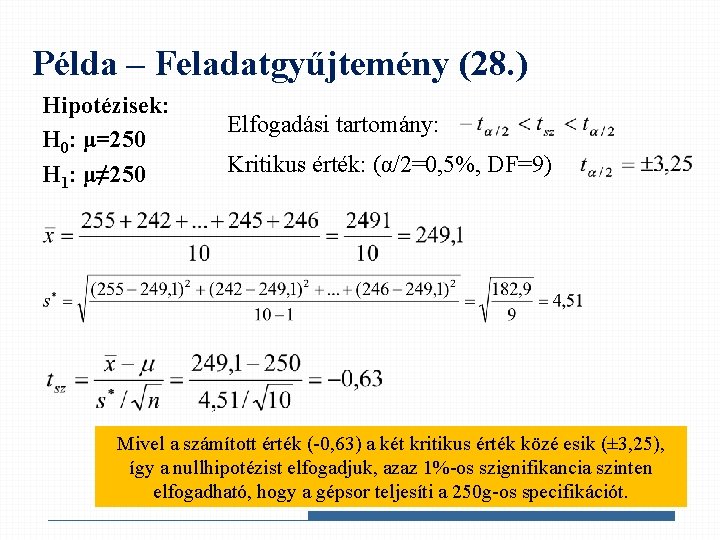 Példa – Feladatgyűjtemény (28. ) Hipotézisek: H 0: μ=250 H 1: μ≠ 250 Elfogadási