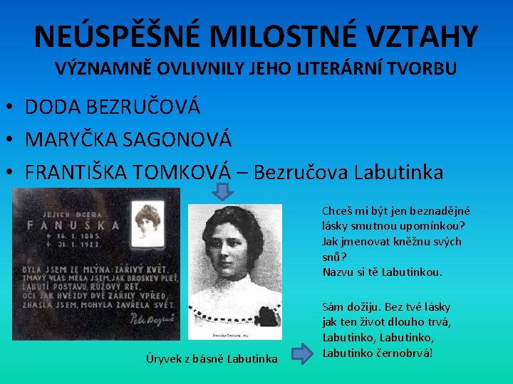 NEÚSPĚŠNÉ MILOSTNÉ VZTAHY VÝZNAMNĚ OVLIVNILY JEHO LITERÁRNÍ TVORBU • DODA BEZRUČOVÁ • MARYČKA SAGONOVÁ