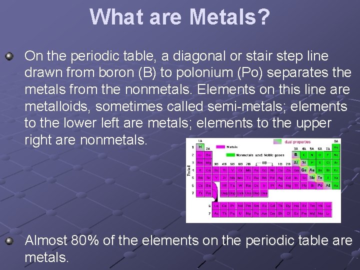 What are Metals? On the periodic table, a diagonal or stair step line drawn