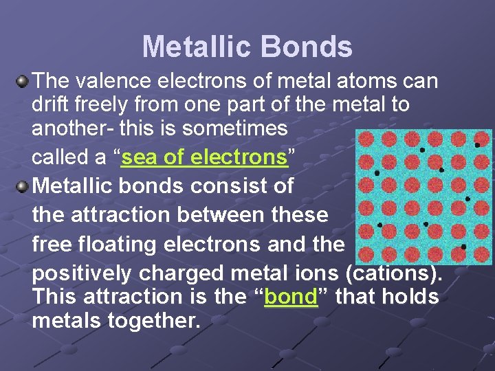 Metallic Bonds The valence electrons of metal atoms can drift freely from one part