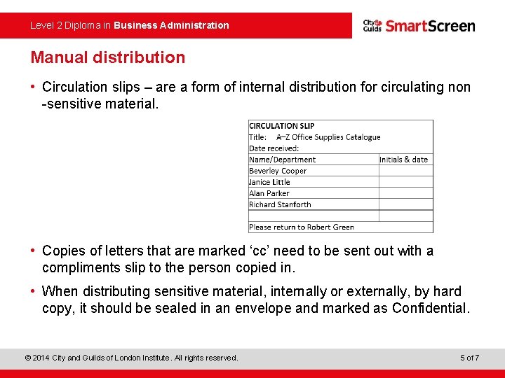 Level 2 Diploma in Business Administration Manual distribution • Circulation slips – are a