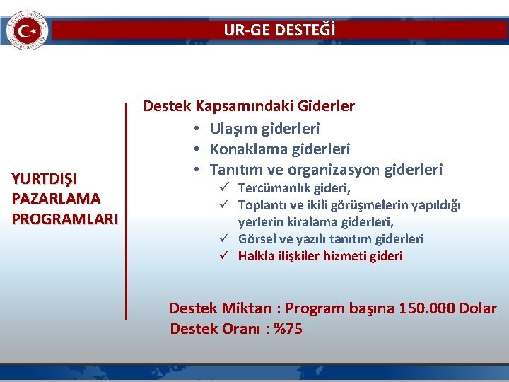 UR-GE DESTEĞİ YURTDIŞI PAZARLAMA PROGRAMLARI Destek Kapsamındaki Giderler • Ulaşım giderleri • Konaklama giderleri