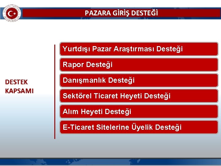 PAZARA GİRİŞ DESTEĞİ Yurtdışı Pazar Araştırması Desteği Rapor Desteği DESTEK KAPSAMI Danışmanlık Desteği Sektörel