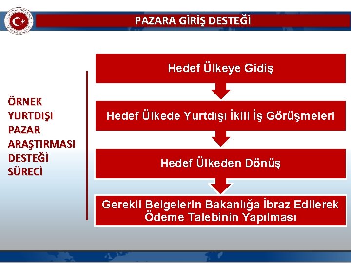 PAZARA GİRİŞ DESTEĞİ Hedef Ülkeye Gidiş ÖRNEK YURTDIŞI PAZAR ARAŞTIRMASI DESTEĞİ SÜRECİ Hedef Ülkede