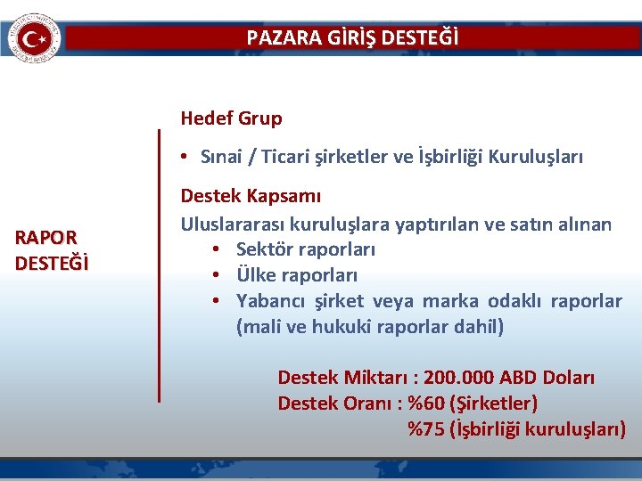 PAZARA GİRİŞ DESTEĞİ Hedef Grup • Sınai / Ticari şirketler ve İşbirliği Kuruluşları RAPOR