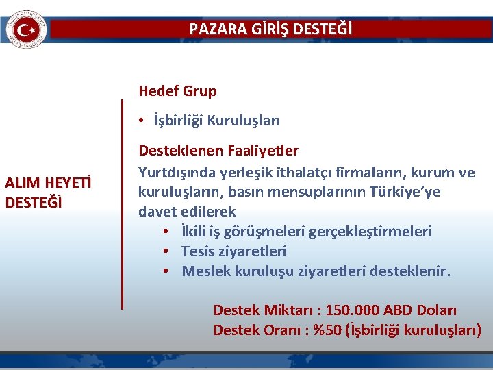 PAZARA GİRİŞ DESTEĞİ Hedef Grup • İşbirliği Kuruluşları ALIM HEYETİ DESTEĞİ Desteklenen Faaliyetler Yurtdışında