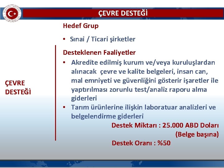 ÇEVRE DESTEĞİ Hedef Grup • Sınai / Ticari şirketler ÇEVRE DESTEĞİ Desteklenen Faaliyetler •