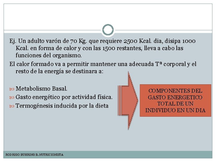 Ej. Un adulto varón de 70 Kg. que requiere 2500 Kcal. dia, disipa 1000