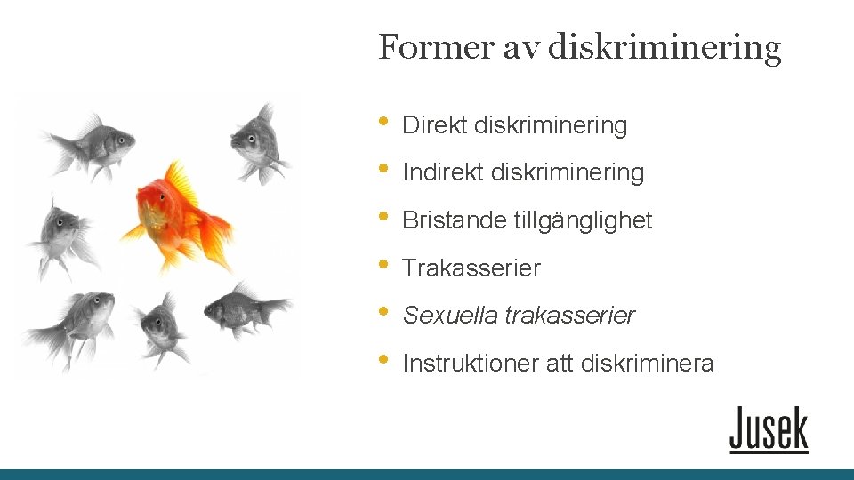 Former av diskriminering • • • Direkt diskriminering Indirekt diskriminering Bristande tillgänglighet Trakasserier Sexuella