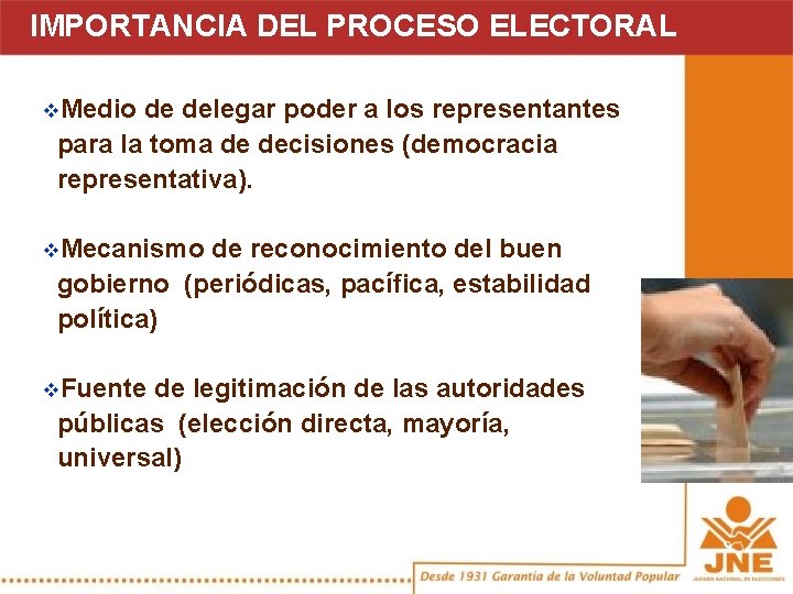 IMPORTANCIA DEL PROCESO ELECTORAL v. Medio de delegar poder a los representantes para la
