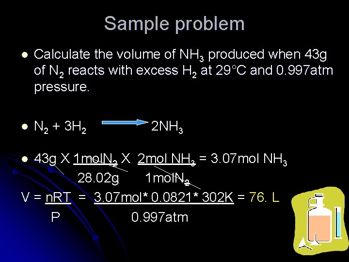 Sample problem l Calculate the volume of NH 3 produced when 43 g of