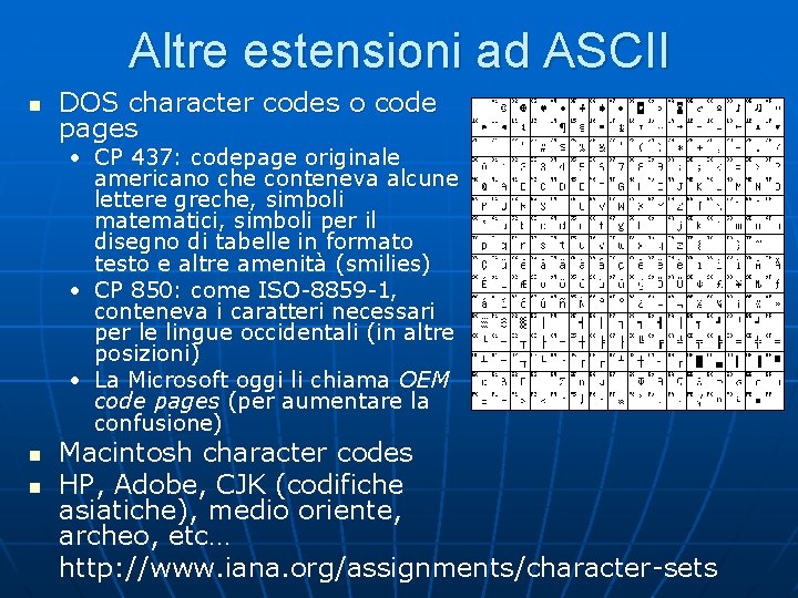 Altre estensioni ad ASCII n DOS character codes o code pages • CP 437: