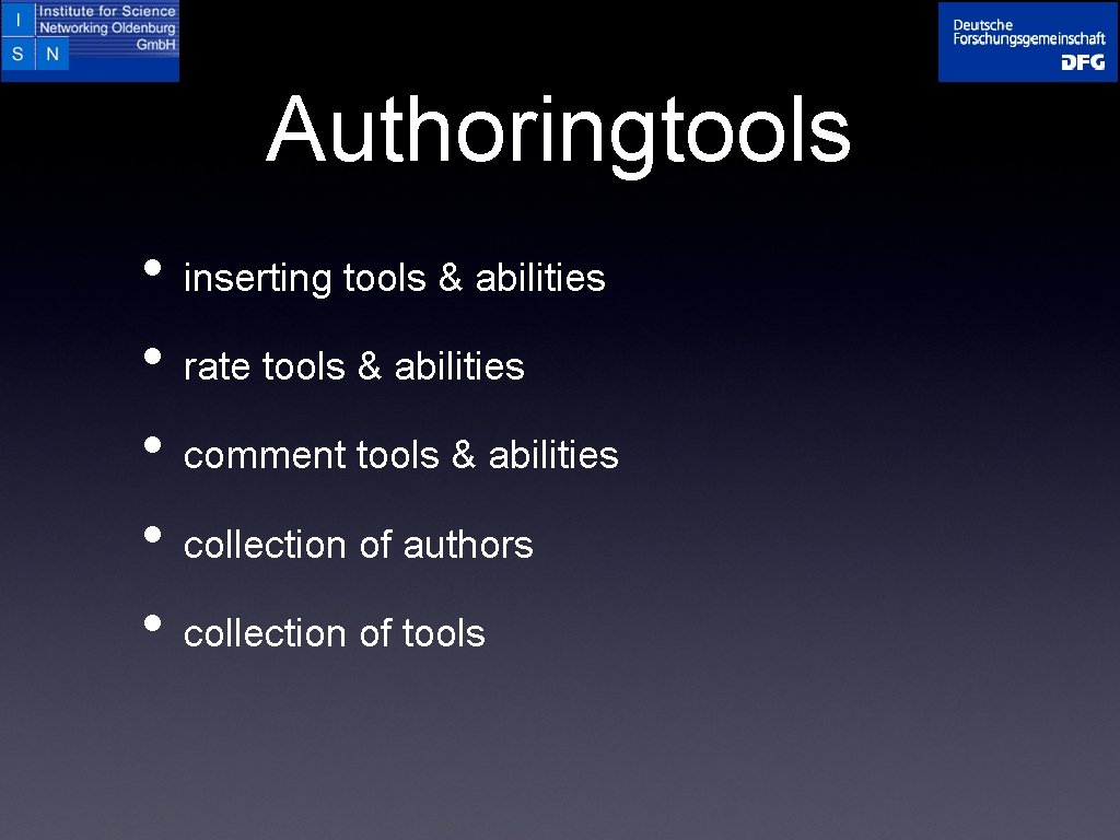 Authoringtools • inserting tools & abilities • rate tools & abilities • comment tools