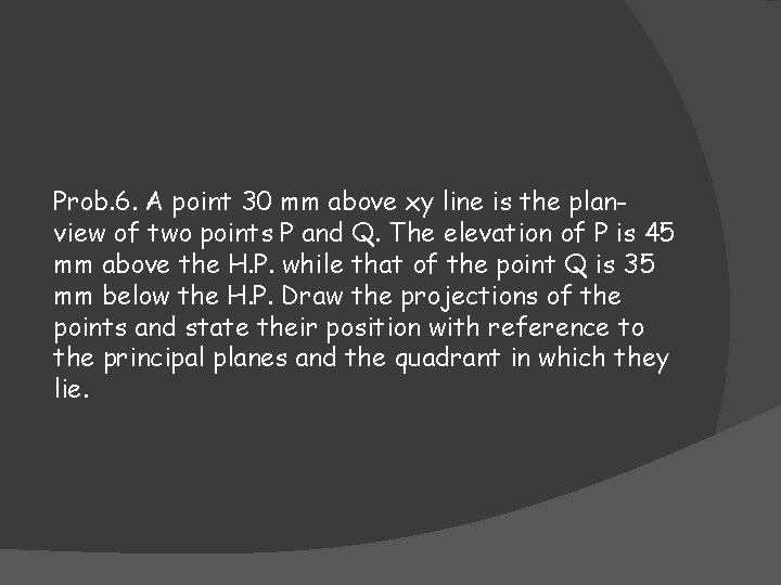 Prob. 6. A point 30 mm above xy line is the planview of two