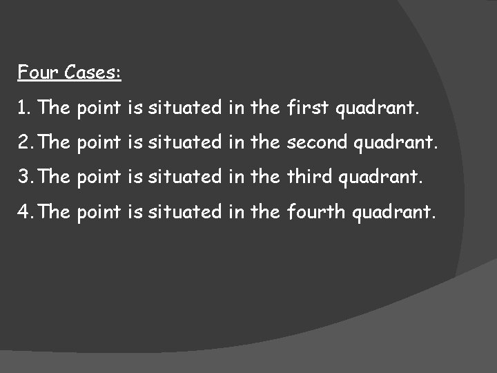 Four Cases: 1. The point is situated in the first quadrant. 2. The point