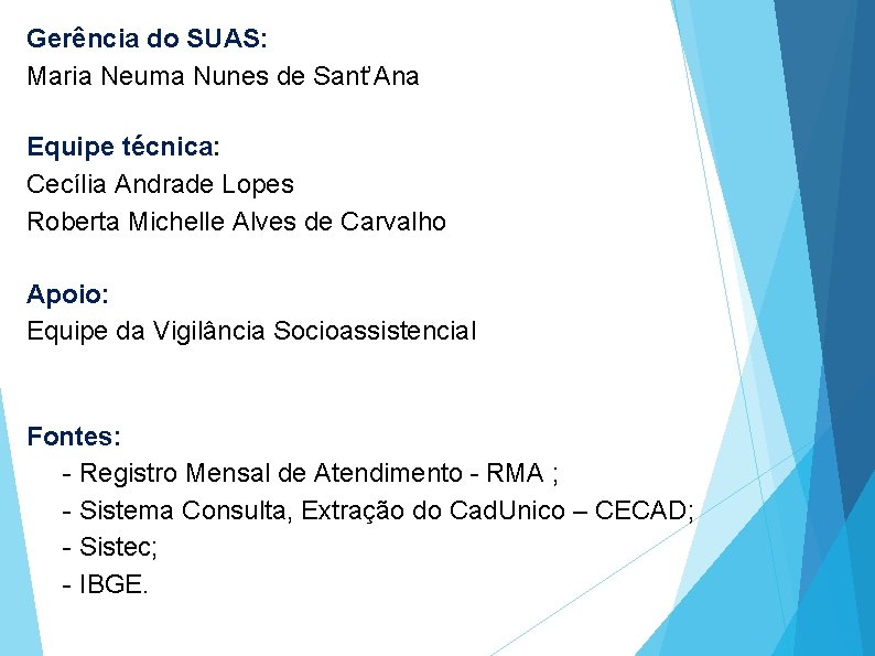 Gerência do SUAS: Maria Neuma Nunes de Sant’Ana Equipe técnica: Cecília Andrade Lopes Roberta