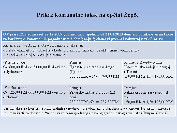 Prikaz komunalne takse na općini Žepče OV je na 12. sjednici od 22. 12.