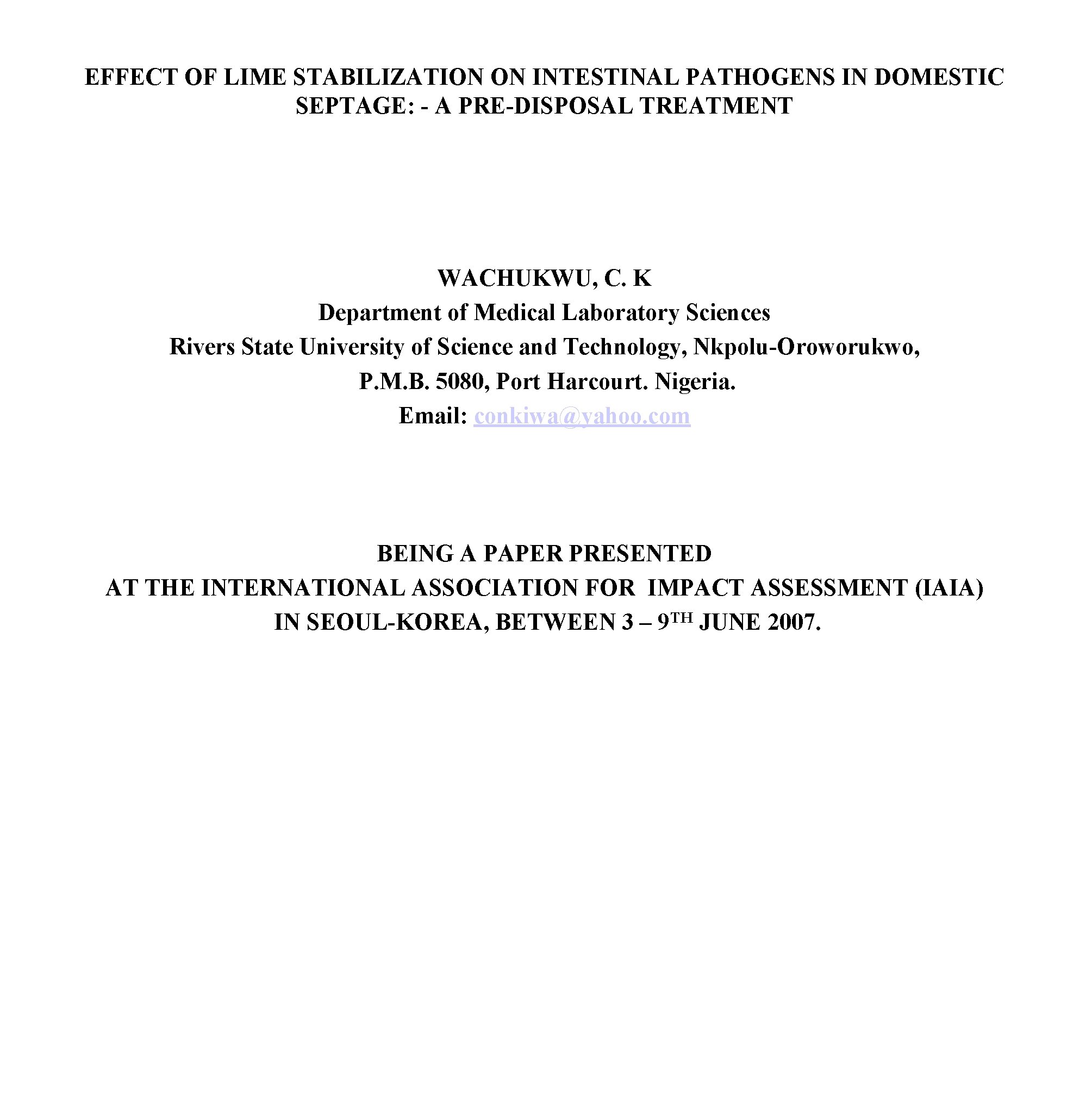 EFFECT OF LIME STABILIZATION ON INTESTINAL PATHOGENS IN
