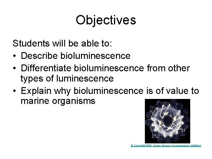 Objectives Students will be able to: • Describe bioluminescence • Differentiate bioluminescence from other