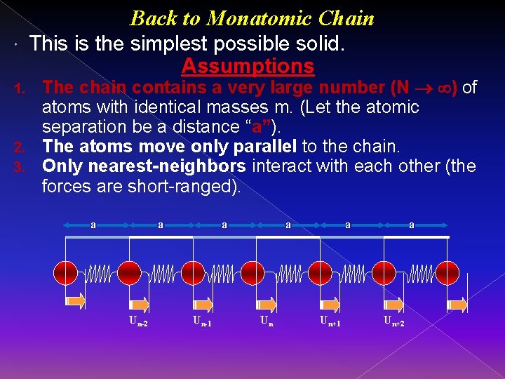 Back to Monatomic Chain This is the simplest possible solid. Assumptions The chain contains