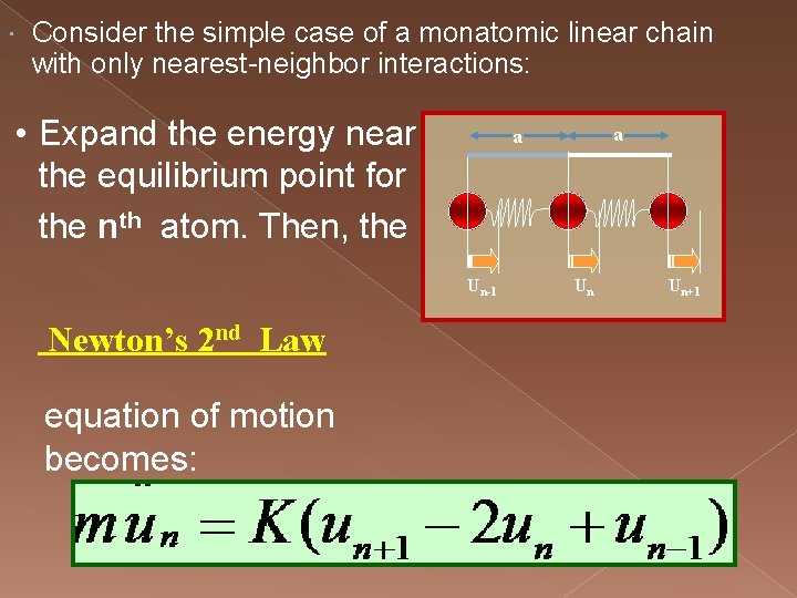  Consider the simple case of a monatomic linear chain with only nearest-neighbor interactions: