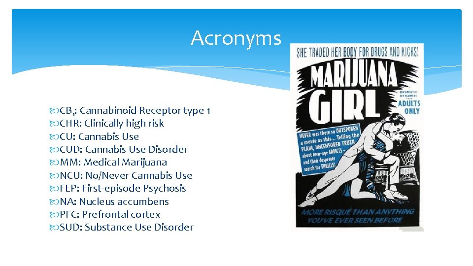 Acronyms CB 1: Cannabinoid Receptor type 1 CHR: Clinically high risk CU: Cannabis Use