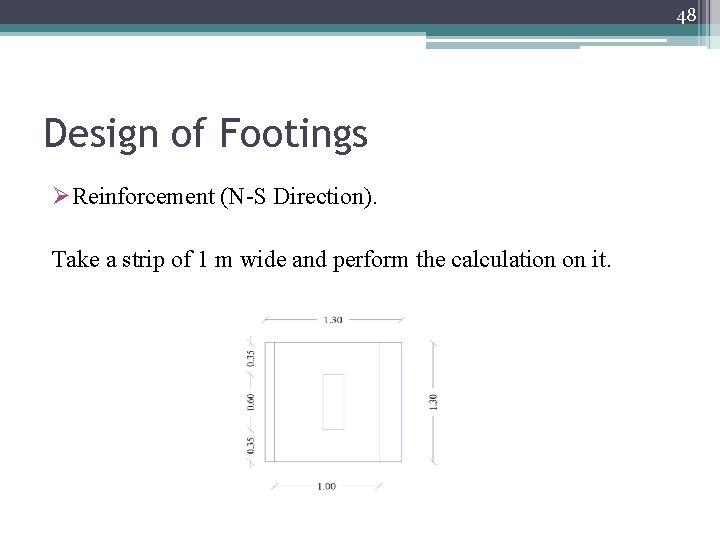 48 Design of Footings ØReinforcement (N-S Direction). Take a strip of 1 m wide