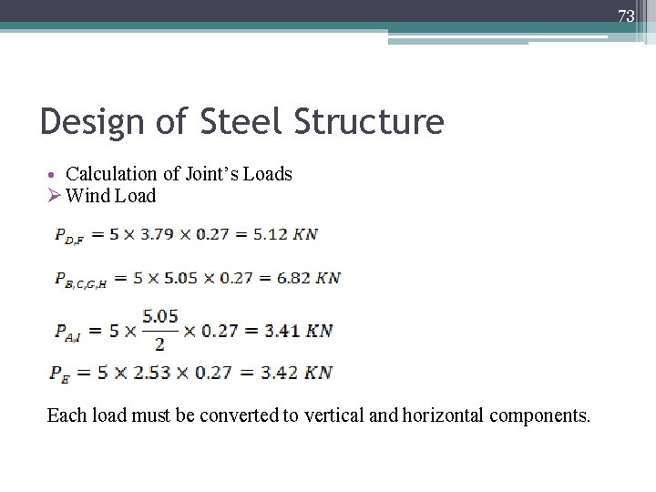 73 Design of Steel Structure • Calculation of Joint’s Loads Ø Wind Load Each