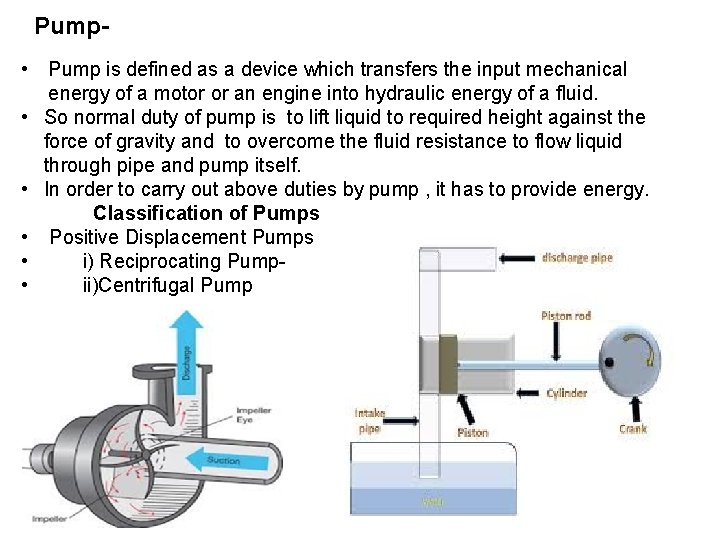 Pump • Pump is defined as a device which transfers the input mechanical energy