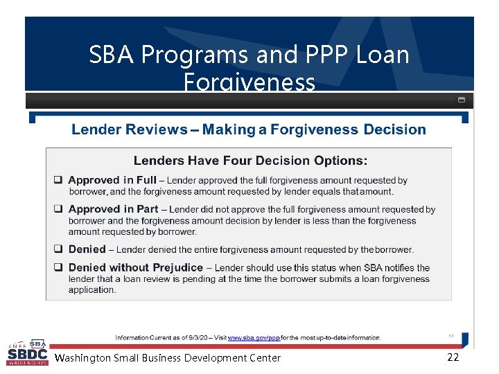SBA Programs and PPP Loan Forgiveness Washington Small Business Development Center 22 