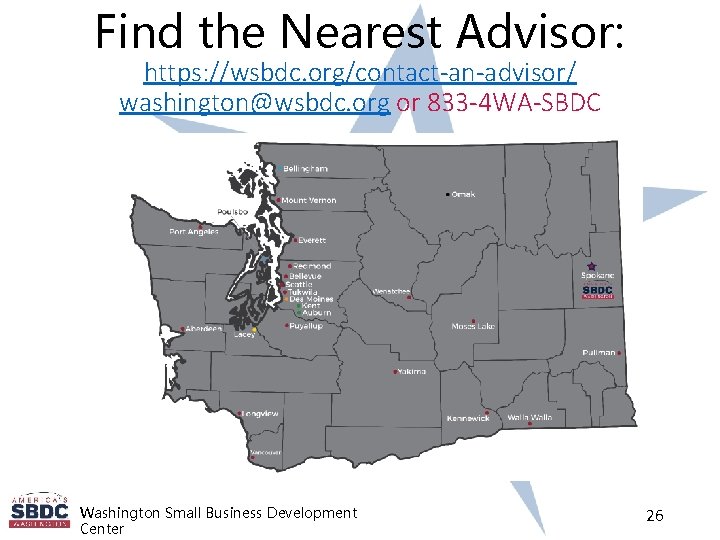 Find the Nearest Advisor: https: //wsbdc. org/contact-an-advisor/ washington@wsbdc. org or 833 -4 WA-SBDC Washington