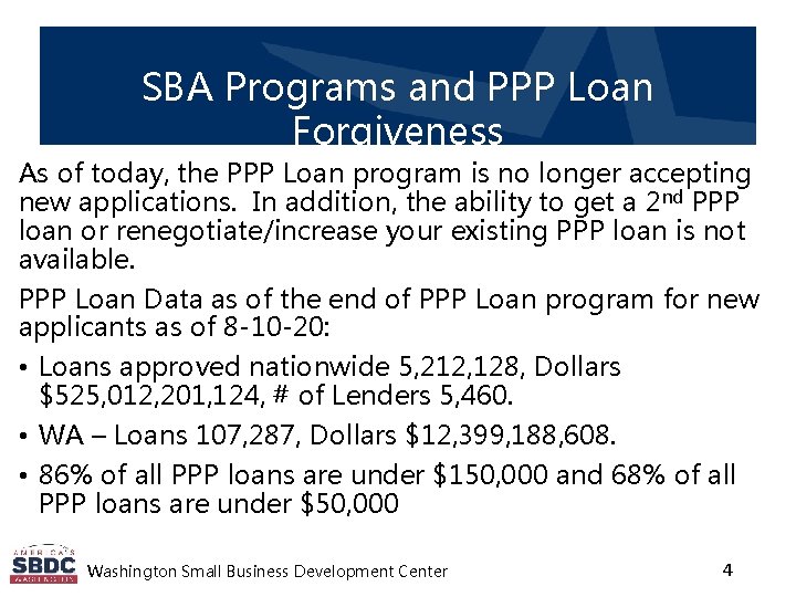 SBA Programs and PPP Loan Forgiveness As of today, the PPP Loan program is