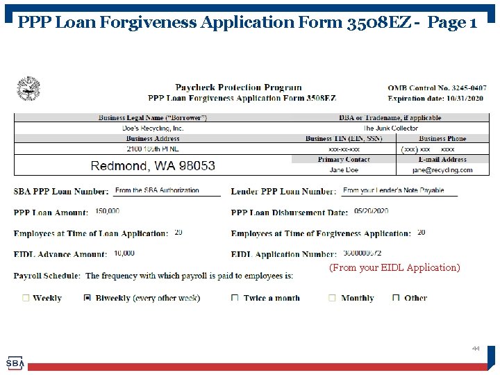 PPP Loan Forgiveness Application Form 3508 EZ - Page 1 (From your EIDL Application)