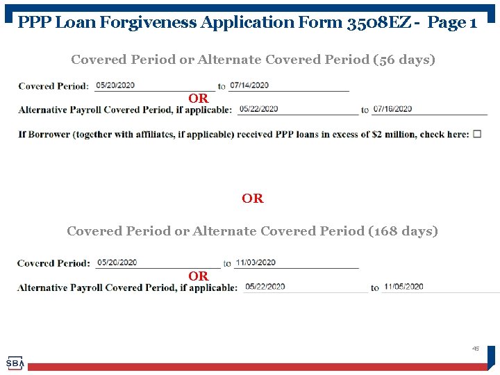 PPP Loan Forgiveness Application Form 3508 EZ - Page 1 Covered Period or Alternate