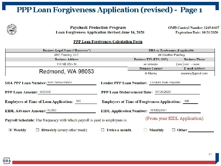 PPP Loan Forgiveness Application (revised) - Page 1 (From your EIDL Application) 51 