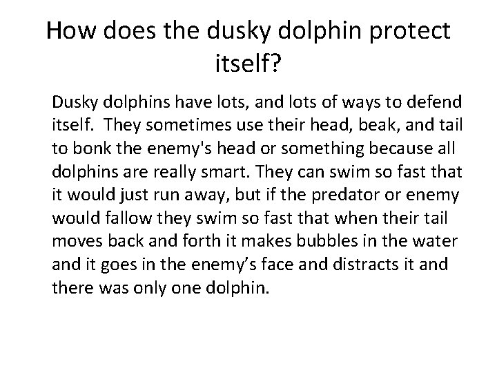 How does the dusky dolphin protect itself? Dusky dolphins have lots, and lots of