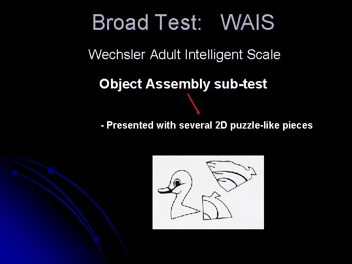 Broad Test: WAIS Wechsler Adult Intelligent Scale Object Assembly sub-test - Presented with several